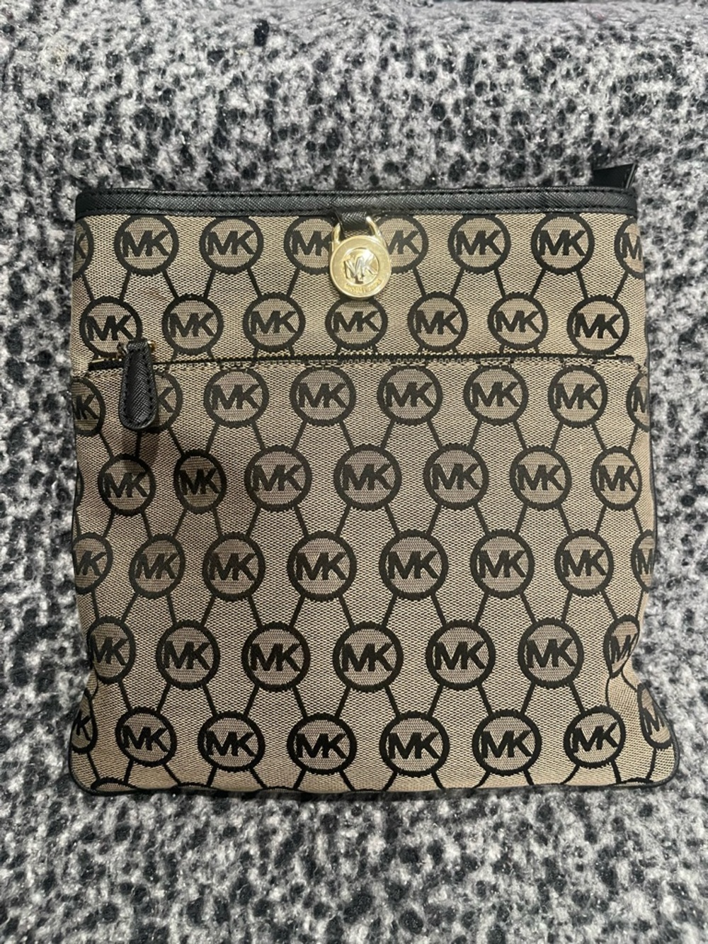 Michael Kors Beige and Black Monogram Crossbody with Gold Accent